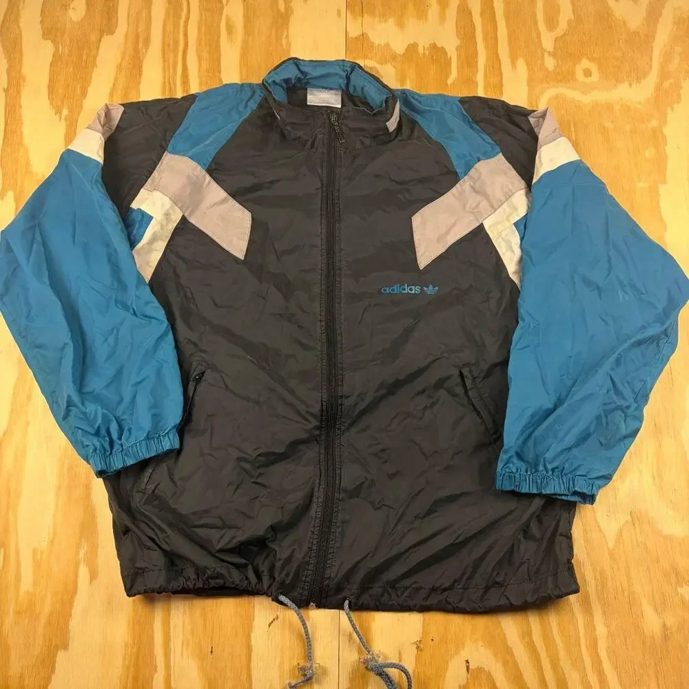 Vintage 80s Adidas Hooded Windbreaker Track Jacket – Blue/Black/Grey – Men’s L